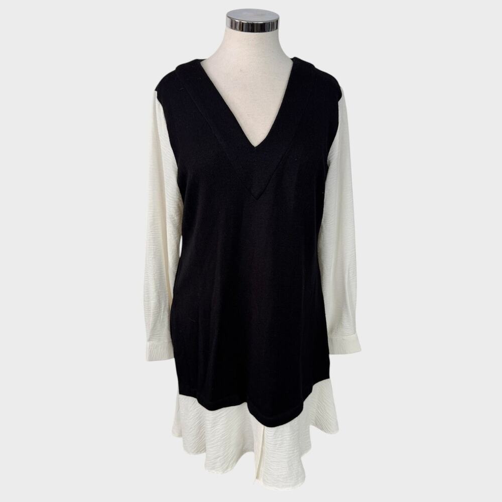 DKNY Womens Medium Black V-neck Tunic or Mini Dress Layered Over White